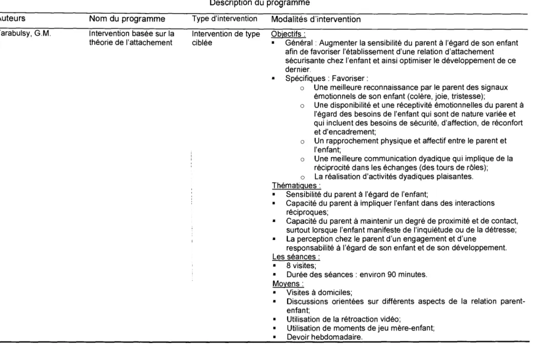 Tableau 9.  Description d'un programme utilisant de la rétroaction vidéo 