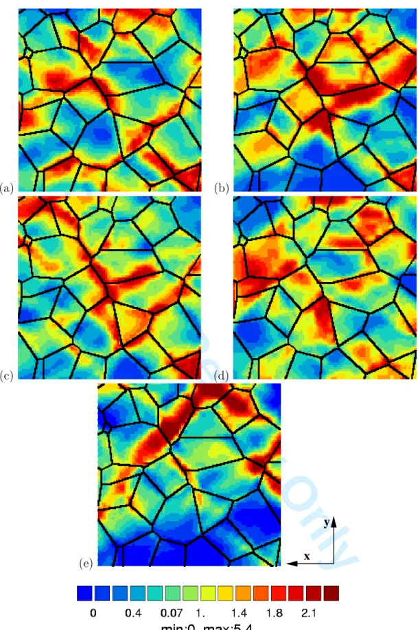 Fig. 4. Cumulative plastic slip distribution γ eq (x ) normalized by the global mean cumulative plastic slip