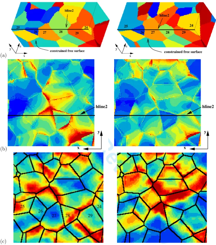 Fig. 6. Influence of the 3D grain shape on the stress–strain levels at the constrained free surface