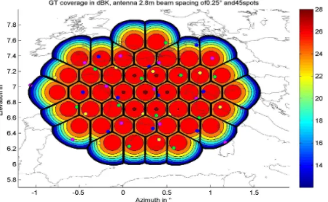 Figure 2. GT service area coverage over France for 45 spots with an active user constellation