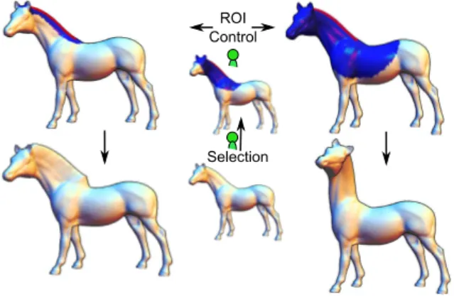 Figure 4: ROI control: adaptating the default ROI size (middle) enables a large panel of various deformations from a single handle