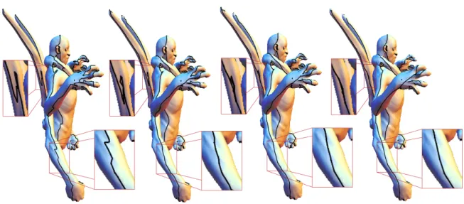Figure 3: Régularisation des contours occultants : avant régularisation et après 1, 2 et 4 passes de régularisation.