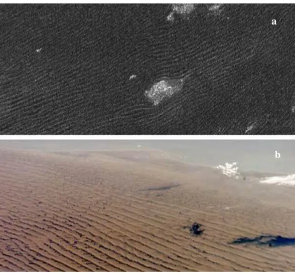 Figure I.1: Dunes on Titan seen in Cassini’s radar (a) that are similar to Namibian  sand dunes on Earth [3]  (b) .