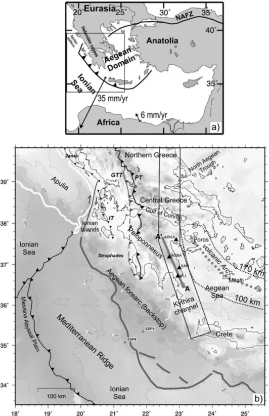 Figure 1. (a) Sketch of the Hellenic subduction zone in the wider context, with the vectors of instantaneous velocity of the SW Aegean domain and the African continent derived from GPS (after Kahle et al