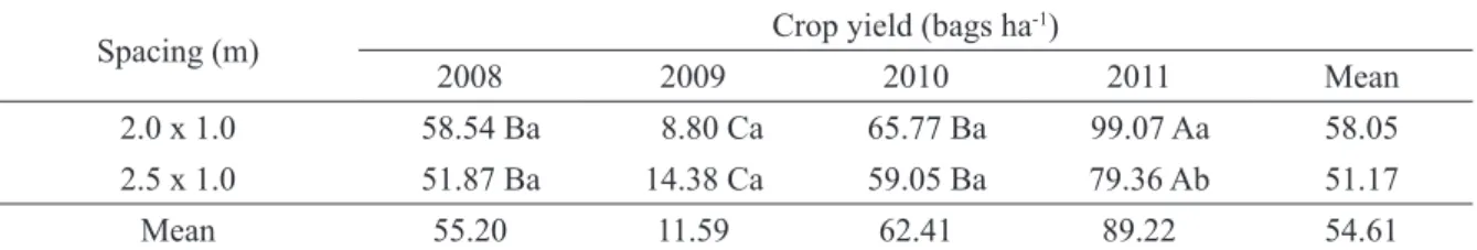 TABLE 3 - Crop yield (in bags of 60 kg per hectare) of conilon coffee comparing the interaction between spacing  and the harvest over time (obtained in Assay I) conducted with the programmed pruning cycle at the experimental  farm of Marilândia (Fazenda Ex