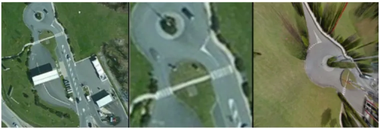 Fig. 3. Aerial localized image (middle) using top-down view image (right) on original aerial image (left).