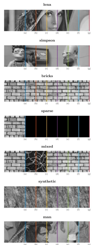 Fig. 7 The images used for the experiments. The sub-images sizes are (a) 128 × 128, (b) 128 × 192, (c) 128 × 256, (d) 128 × 320, (e) 128 × 384, (f) 128 × 448, (g) 128 × 512
