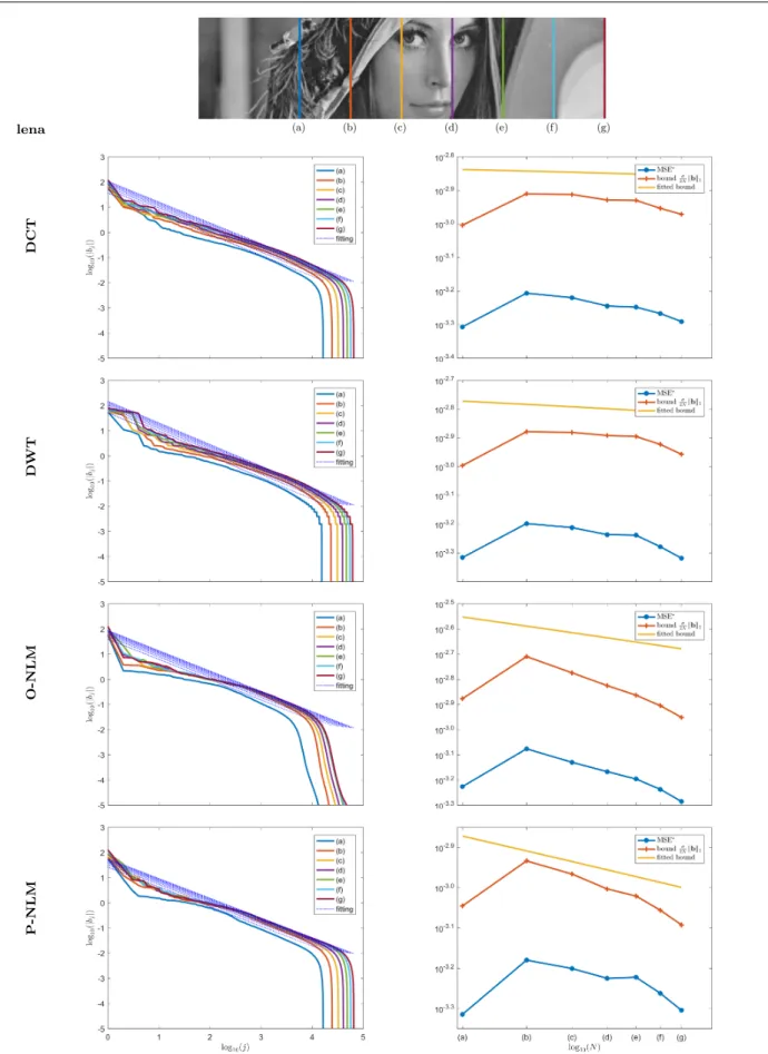 Fig. 11 Left column: the decay of the |b N j | for each size and the result of the model fitting (dotted lines) for the image lena for the different bases (from top to bottom) DCT, Wavelet, O-NLM and P-NLM