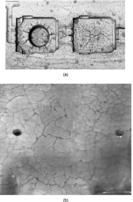 Figure 1. Network of cracks, in (a) a cast iron gravity casting die and (b) an aluminum HPDC die.