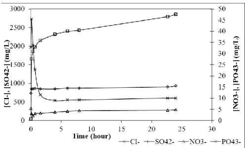Fig. 2. Soluble anion concentrations present in the aqueous phase during treatment with calcium  phosphate gel 