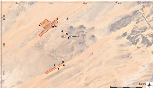 Fig. 4 : image satellite de la région autour d’Akjoujt précisant les travaux réalisés en 2018 : zones de prospections (en  rouge),  les  secteurs  de  fouilles  (en  bleu)  et  la  localisation  des  études  paléoenvironnementales  (en  blanc)