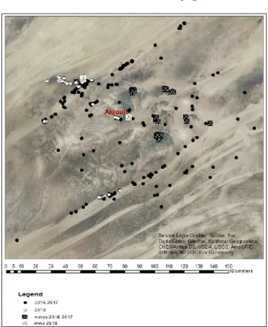 Fig. 5 : carte de localisation de l’ensemble des sites archéologiques découverts par l’équipe du programme CUPRUM  depuis 2016 : les points noirs correspondent aux sites découverts lors des deux premières campagnes (2016 et 2017), les  points blancs corres
