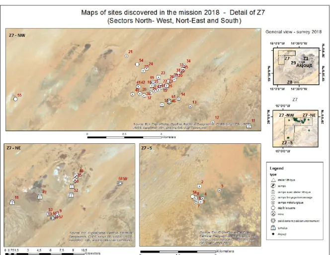 Fig.  11 :  carte  de  localisation  des  sondages  de  paléoenvironnement  réalisés  et  des  sites,  mines  découverts  lors  des  recherches de terrain 2018 :     camps métallurgiques : 1- 7-H-W-45, 4- 7-H-W- 95, 5- 7-H-W-96, 6- 7-H-W-97, 7- 7-H-W-98, 