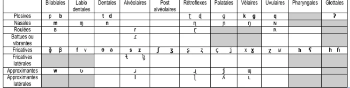 Figure   2b.   Consonnes   attestées   en   arabe,   en   gras   dans   la   liste   des        principales   consonnes   des   langues   du   monde   (API)   classées   selon   leur   mode   