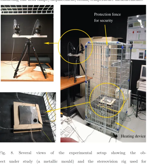 Fig. 8. Several views of the experimental setup showing the ob- ob-ject under study (a metallic mould) and the stereovision rig used for shape/displacement/strain/temperature measurement.