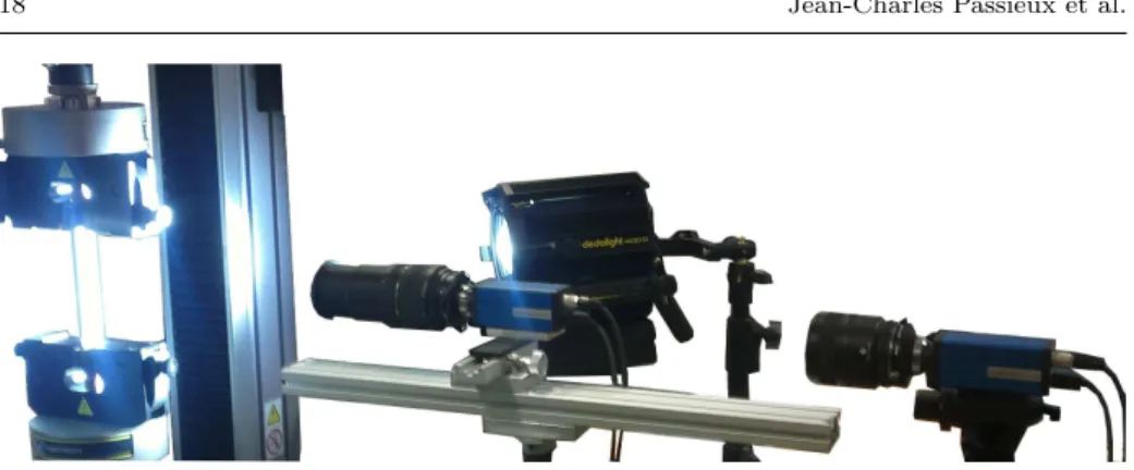 Fig. 8 Experimental setup. The two digital cameras are facing the specimen: their optical axis is perpendicular to the laminate plane