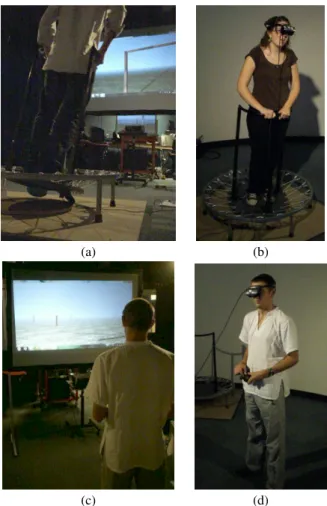 Figure 7: Description of the experimental setup for the 4 configura- configura-tions: the virtual scene was visually perceived through HMD (b and d) or through a projection screen (a and b); locomotion was controlled using the Joyman (a and b) or a joystic