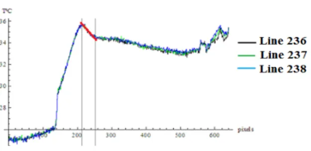 Figure  14  shows the temperature profile  along  the longitudinal length of the  mixing  channel, in the  pixel lines 236, 237 and 238