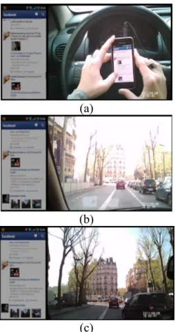 Figure 6 :  a)  La  participante  survole  sa  liste  de  notifications Facebook. Le mouvement des voitures  environnantes est très nettement détectable dans les  données,  notamment  à  travers  l’angle  inférieur  gauche  du  pare-brise ;  b)  une  fois 