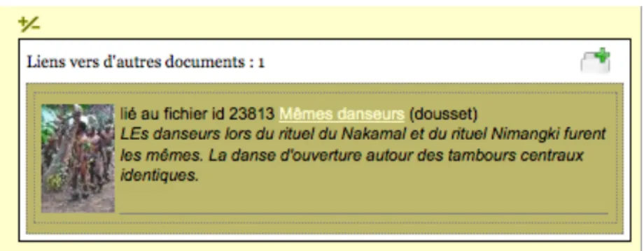 Figure  5 :  Deux  fichiers  ont  été  reliés  (extrait  d’écran).  Cliquer  sur  l’image  ou  le  titre  de  l’annotation  liante  permet  de  naviguer  d’un  objet  à  l’autre  quelqu’en  soit  la  collection  ou  l’ensemble