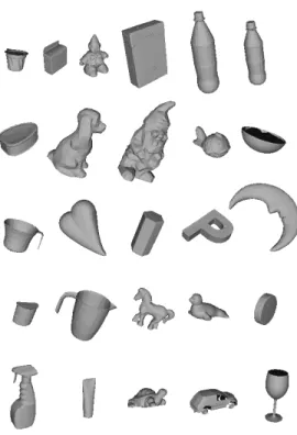 Figure 9: 26 KIT objects used in the evaluation of our cord-driven grasp planner. All objects are rendered at the same scale to facilitate comparisons.