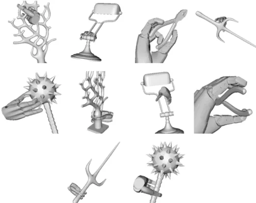 Figure 10: 5 computer-designed objects, from left, Decor, Desk Lamp, Pliers, Sai Weapon, and Spike Weapon
