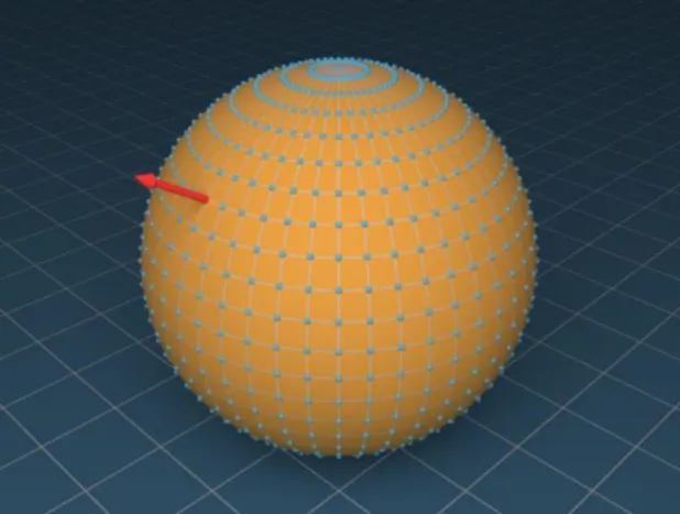 Figure 6 – La normale (vecteur rouge) indique sur le point  sélectionné l'orientation de la surface (ici une sphère).