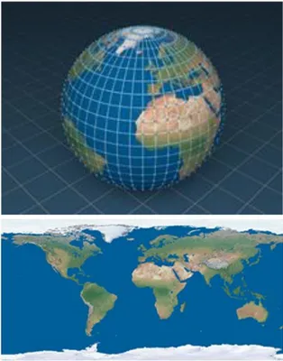 Figure 8 – Texture 2D (en bas) projetée sur une sphère.