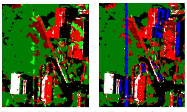 Figure 5 : Résultats de la classification sur l’amplitude  uniquement (gauche), puis en fusionnant avec  l’interférogramme et la cohérence (droite)