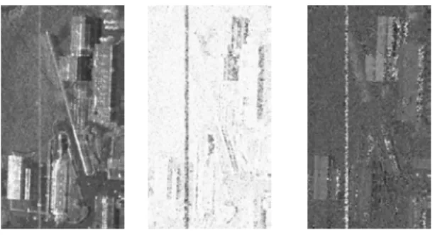 Figure 3 : Amplitude, cohérence et  interférogramme (de gauche à droite) en 6 vues sur 