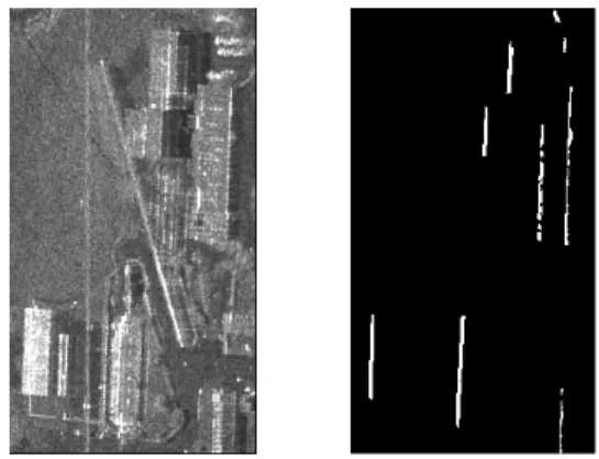 Figure 6 : Résultat de la détection des coins  réflecteurs : à gauche image d’amplitude, à droite  carte des coins réflecteurs
