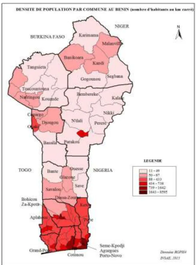 Figure 1 : Densité de la population par commune au Bénin (nombre d'habitants au km2 