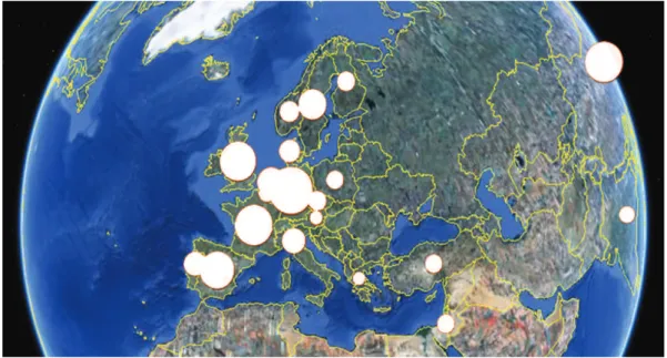 Figure 2.5 – Exemple de projection cartographique : répartition des brevets par pays à l’aide de Google Earth
