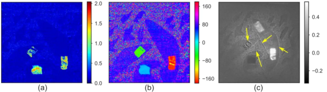 Figure 14. Comparison between the DSOB modality OBC (a), phase  φ  (b) images and the OSC image (c) in the presence of  air turbulence