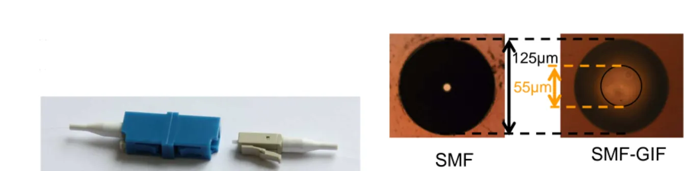 Fig. 3: (Gauche) connecteur multivoies avec fibres à faisceau étendu; (droite) Pertes d’insertion additionnelles  de connexions SMF GIF, MMF et SMF mesurées en contamination à l’eau, à l’huile et à la poussière