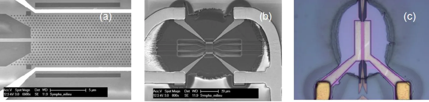 Fig. 3.  (a) SEM image of the input section of the silicon suspended  membrane photonic crystal delay line