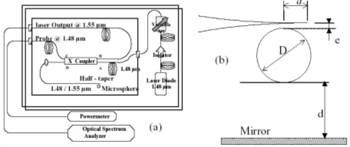 Fig. 1. (a) Experimental setup and (b) geometry of the coupling beetween the microsphere and a metallic mirror.