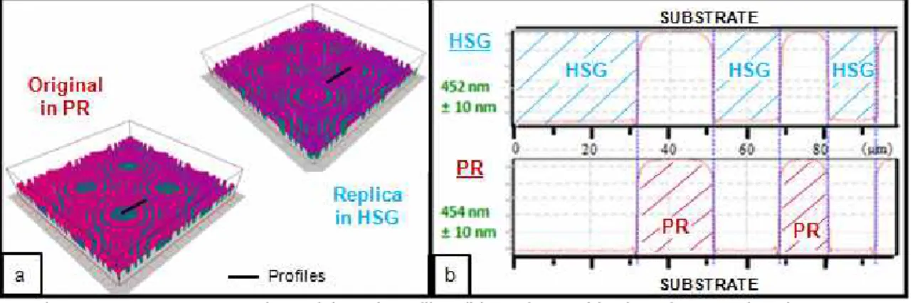 Fig 1. DOE pattern: 3D views (a) and profiles (b) performed by interferometric microscopy     The  HSG  material  has  a  higher  industrial  performance  than  PR  because  it  is  a  hybrid  organic/inorganic  material