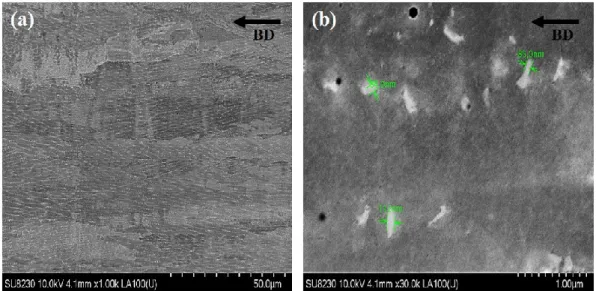 Figure 6 shows the microstructure of the as-SLM sample in the top (T) region. The microstructure  in the bottom region (B) was similar to the top region and is not shown here to avoid repetition