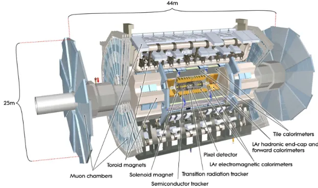 Figure 1.1: Cut-away view of the ATLAS detector. The dimensions of the detector are 25 m in height and 44 m in length