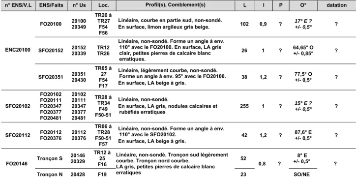 Figure 14 : Tableau descriptif de l'enclos 20100 et des systèmes fossoyés 20146, 20102 et 20112 