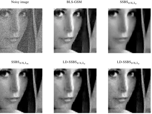 Fig. 4. BLS-GSM and SSBS denoising of ‘Lena’ image corrupted by AWGN with standard deviation σ = 35 .
