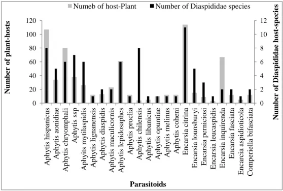 Fig. 3. Richness of parasitoids and host plants per Diaspididae species.