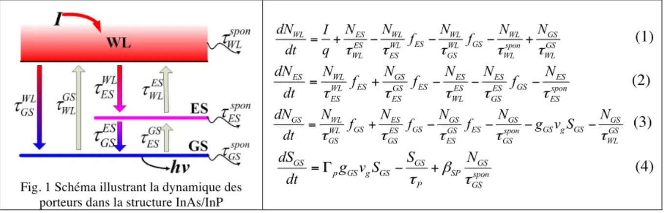 Fig. 1 Schéma illustrant la dynamique des  porteurs dans la structure InAs/InP 
