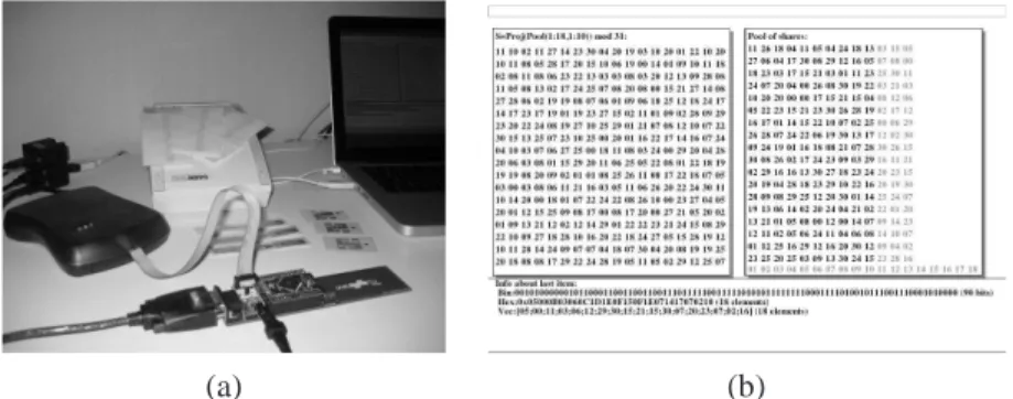 Figure 3 pictures our experimental setup. It is based on the execution of stan- stan-dard EPC Gen2 inventory queries, but enabled with TIDs that are enhanced by our proposed threshold cryptosystem, between a regular EPC Gen2 reader and several Gen2 tag ins