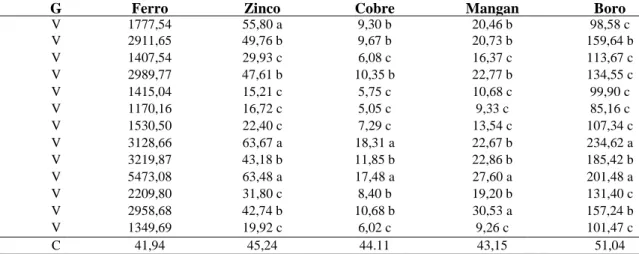 Tabela  2:  Média  do  conteúdo  de  boro,  cobre,  ferro,  manganês  e  zinco  do  sistema  radicular  de  mudas  clonais de Coffea canephora, variedade Vitória Incaper 8142