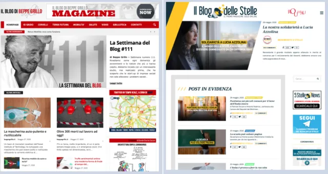 Fig. 3 : captures d’écran du nouveau blog de Grillo (image à droite) et du blog des  étoiles (à gauche); mai 2020