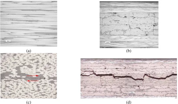 Figure 3. Damages observed under tensile test: (a) fibre breakage in (0 8 ) laminate, (b) ply cracking in  ( 0 2 ° , 90 ° 2 ) S laminate, (c) delamination in (0° 2 ,±20° 2 ) S   laminate and (d) damages developed in  ( 0 2 , 45 2 , 90 2 ) S