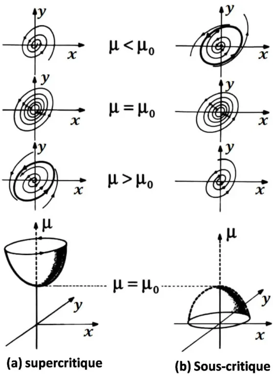 Figure 2.8 – Les portraits de phase et une famille des orbites périodiques à un paramètre pour la bifurcation de Hopf.