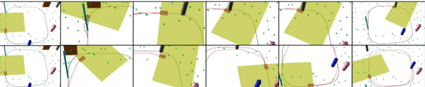 Fig. 2. Six steps of the simulations: the taught path must be followed by the robot with methods S (top) and M (bottom) and 4 moving and 1 static obstacles.